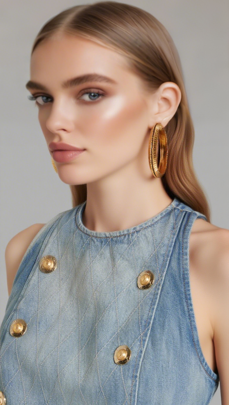 DENIM SLEEVELESS FLARED MINI DRESS