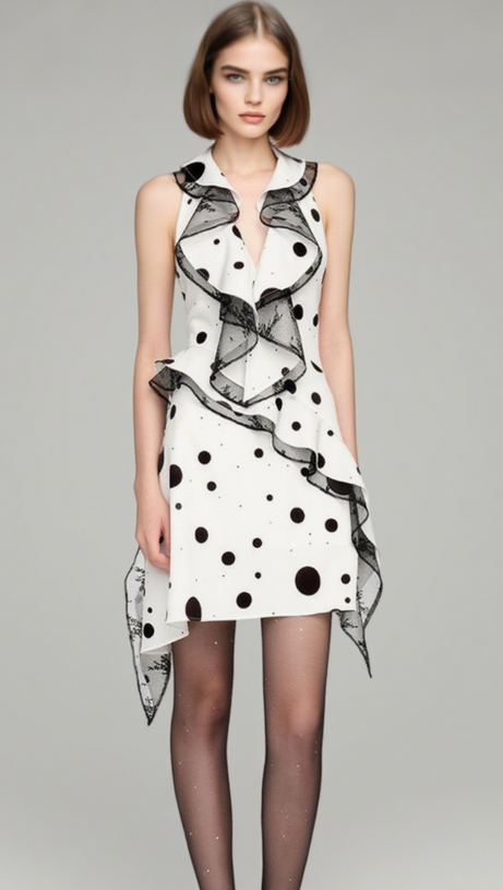 PHOENIX RUFFLED POLKA DOT BACKLESS MINI DRESS IN WHITE