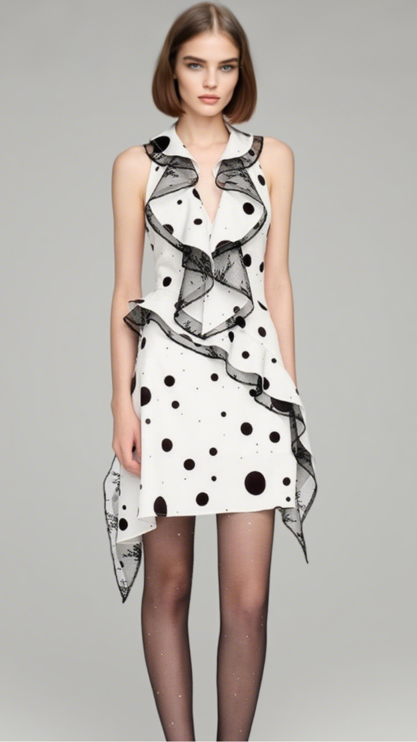 PHOENIX RUFFLED POLKA DOT BACKLESS MINI DRESS IN WHITE