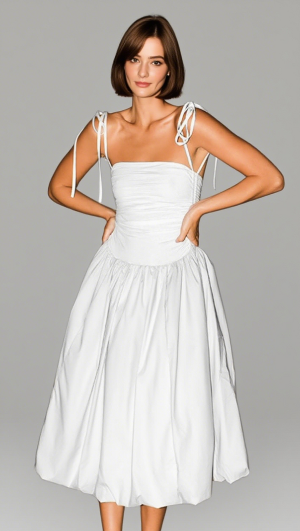 AIIZIE HALTER NECK RUCHED FLOWY MIDI DRESS IN WHITE - product image