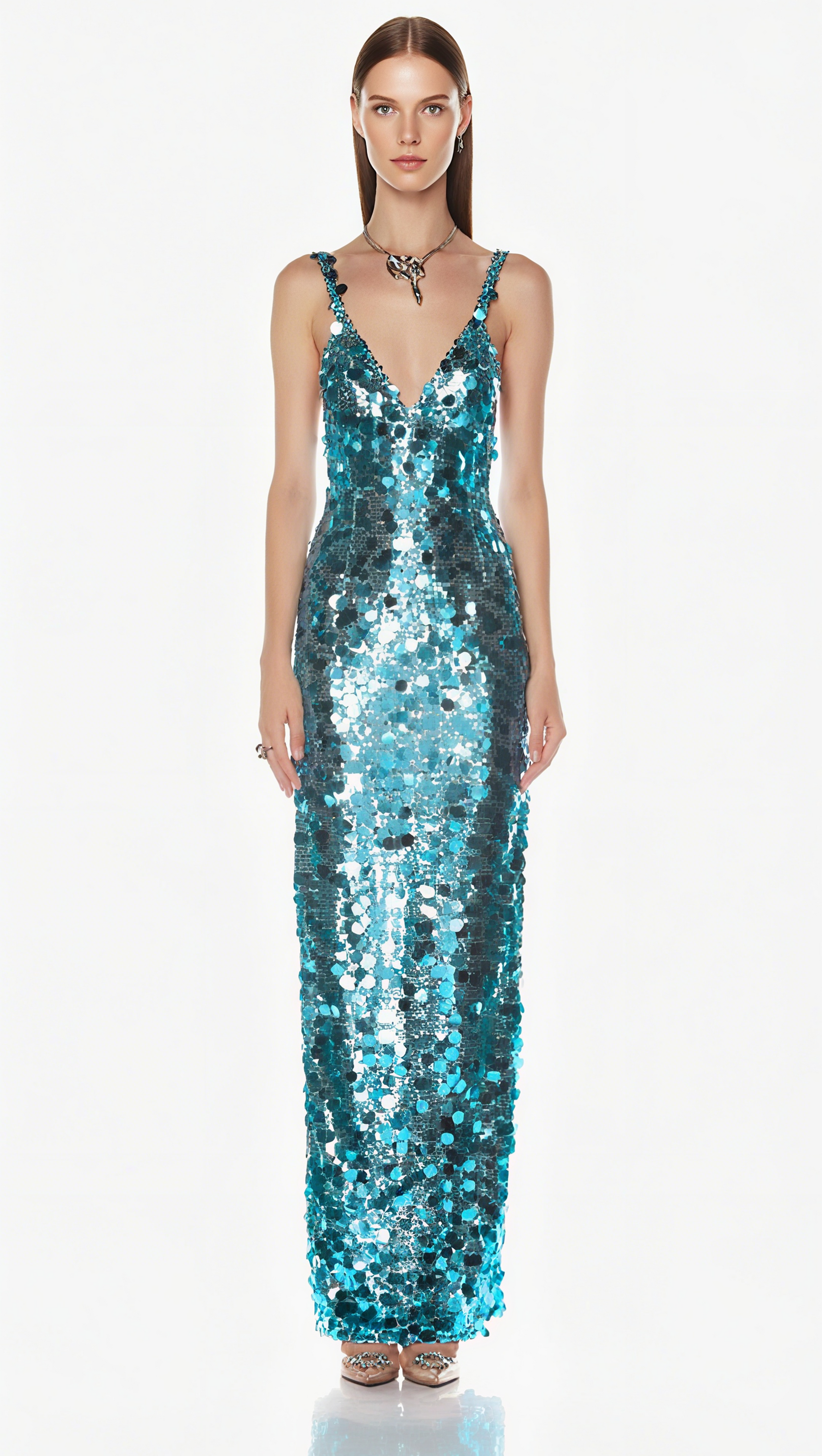 CARLIN SEQUIN DEEP V STRAPLESS MAXI DRESS IN BLUE