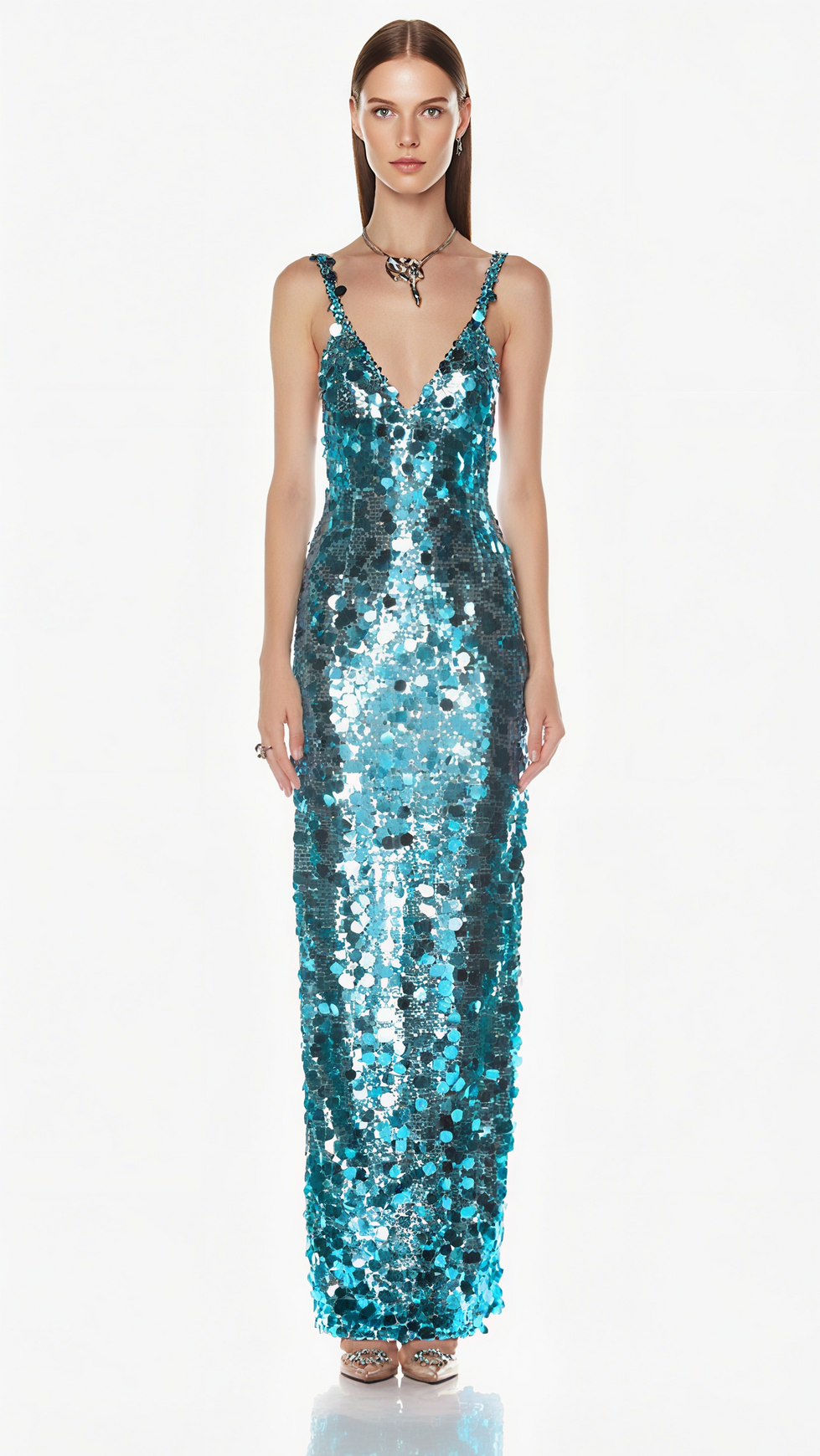 CARLIN SEQUIN DEEP V STRAPLESS MAXI DRESS IN BLUE