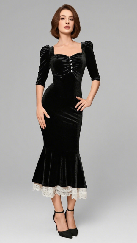 Samt-Meerjungfrauenkleid mit Puffärmeln und Knöpfen in Schwarz