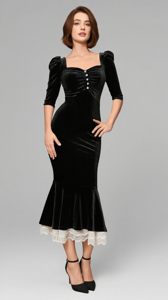 Samt-Meerjungfrauenkleid mit Puffärmeln und Knöpfen in Schwarz