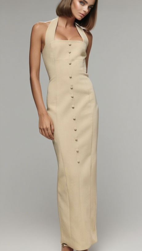 ABITO LUNGO IN TESSUTO A MANDORLA CON BOTTONI A TRIANGOLO