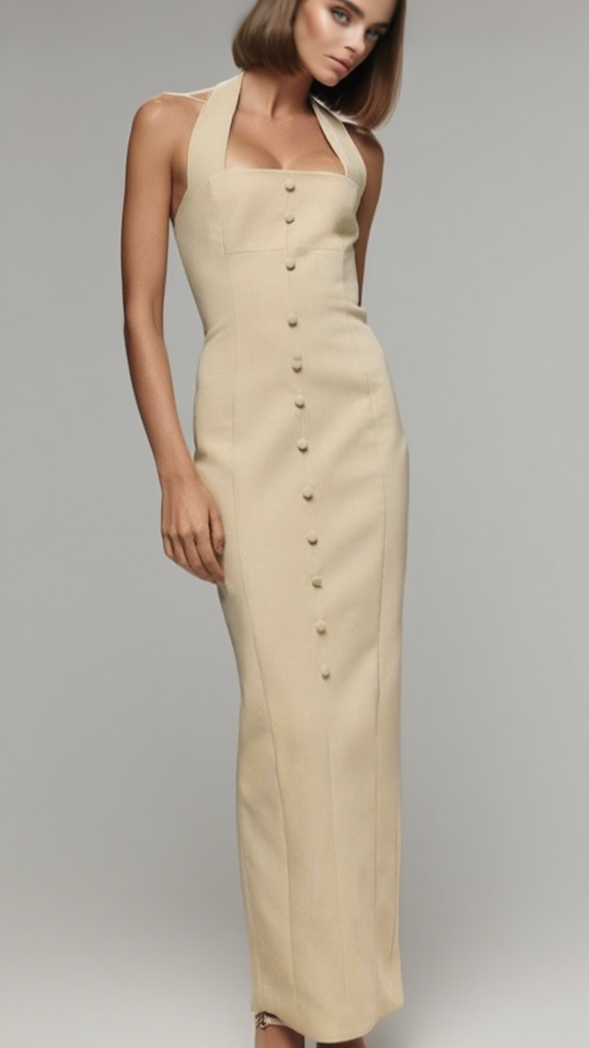 ALMOND WOVEN HALTER BUTTON MAXI DRESS