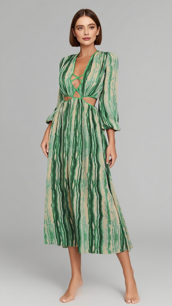 STRIPED CUTOUT V - NECK PUFF - SLEEVE MAXI DRESS IN GREEN