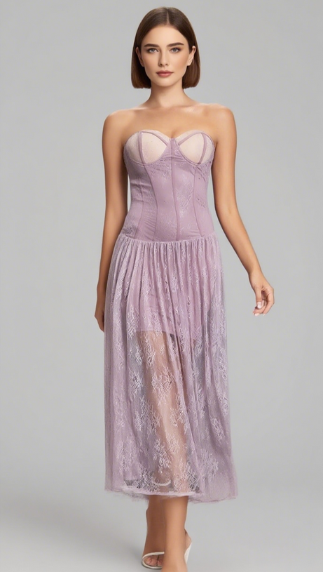 LACE STRAPLESS CORSET - STYLE MESH - OVERLAY MIDI DRESS IN LAVENDER