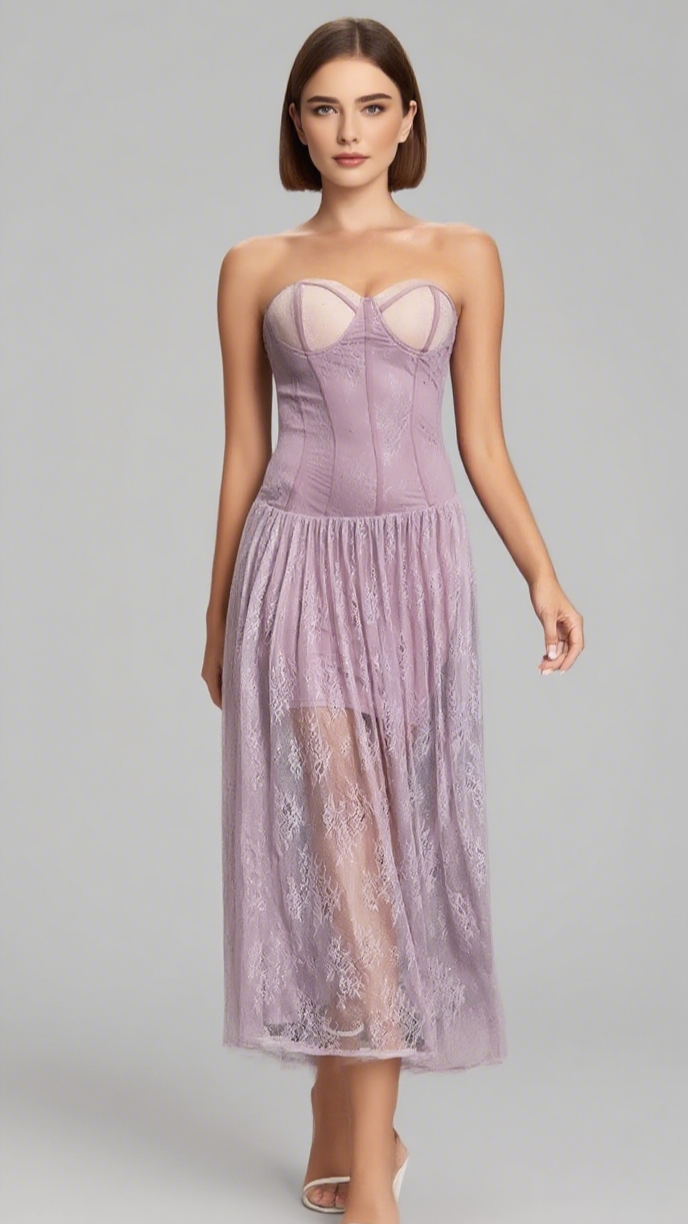 LACE STRAPLESS CORSET - STYLE MESH - OVERLAY MIDI DRESS IN LAVENDER