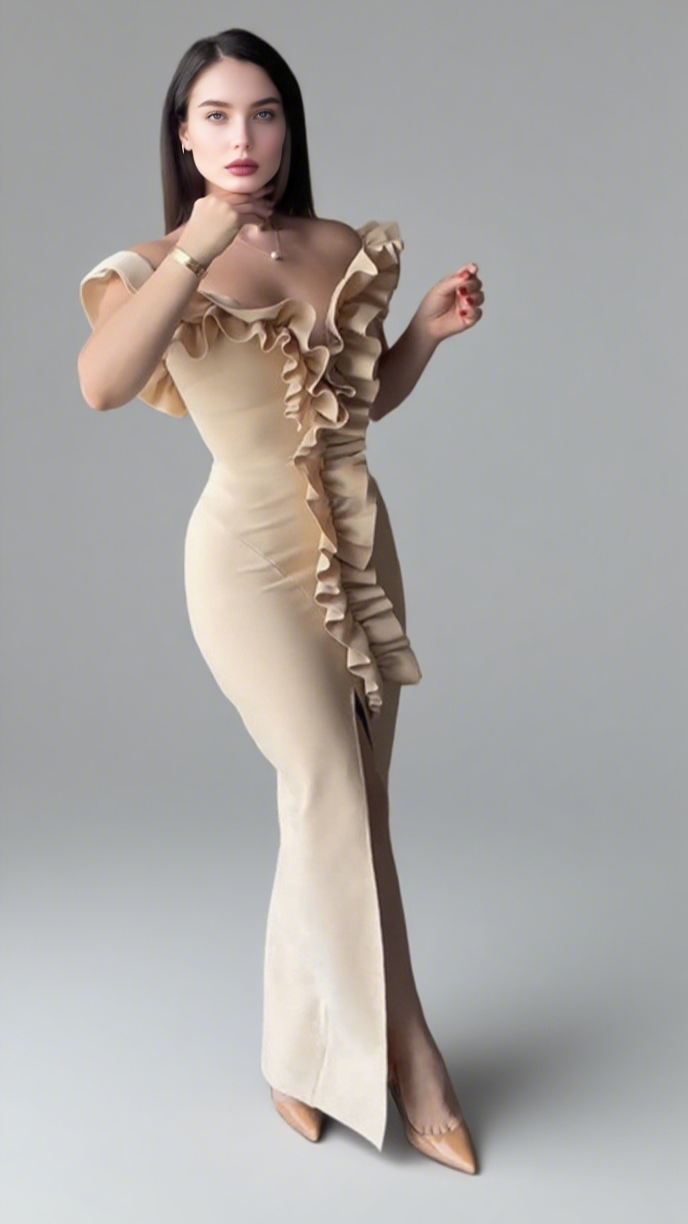 Midikleid mit One-Shoulder-Träger, Rüschenbesatz und Schlitz in Nude-Pink