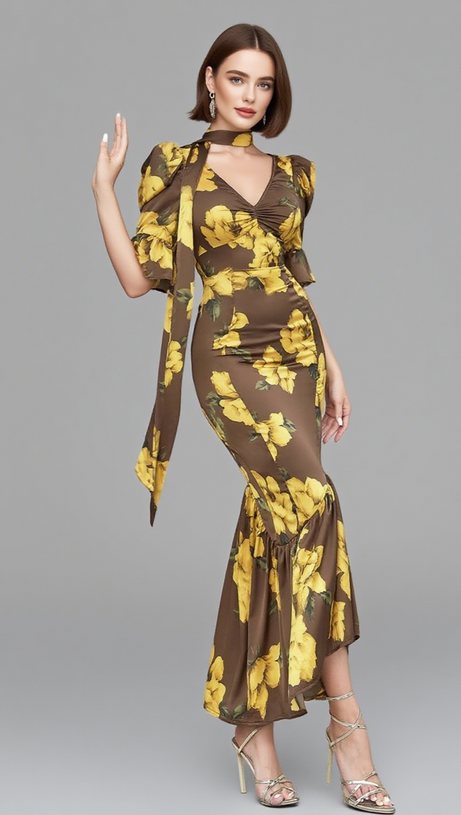 FLORAL - PRINT RUFFLED - SLEEVE TIE - NECK MIDI DRESS IN BROWN