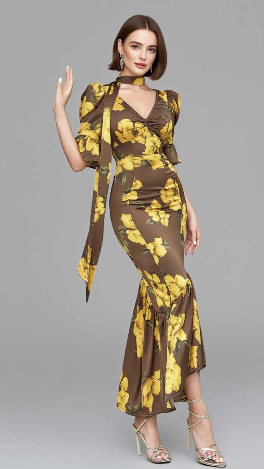 FLORAL - PRINT RUFFLED - SLEEVE TIE - NECK MIDI DRESS IN BROWN