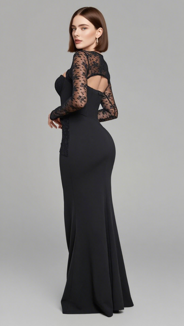 AIIZIE LACE - SLEEVE CUTOUT - WAIST MERMAID MAXI DRESS IN BLACK - product image
