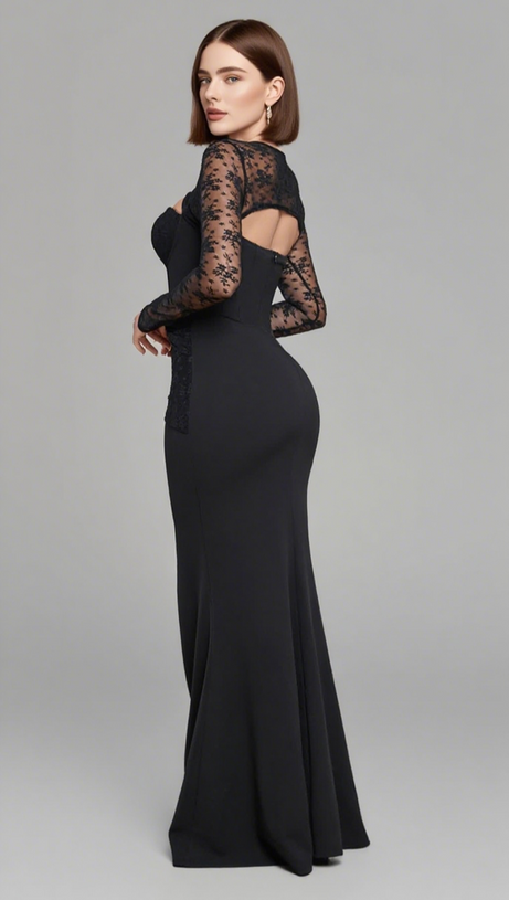 LACE - SLEEVE CUTOUT - WAIST MERMAID MAXI DRESS IN BLACK