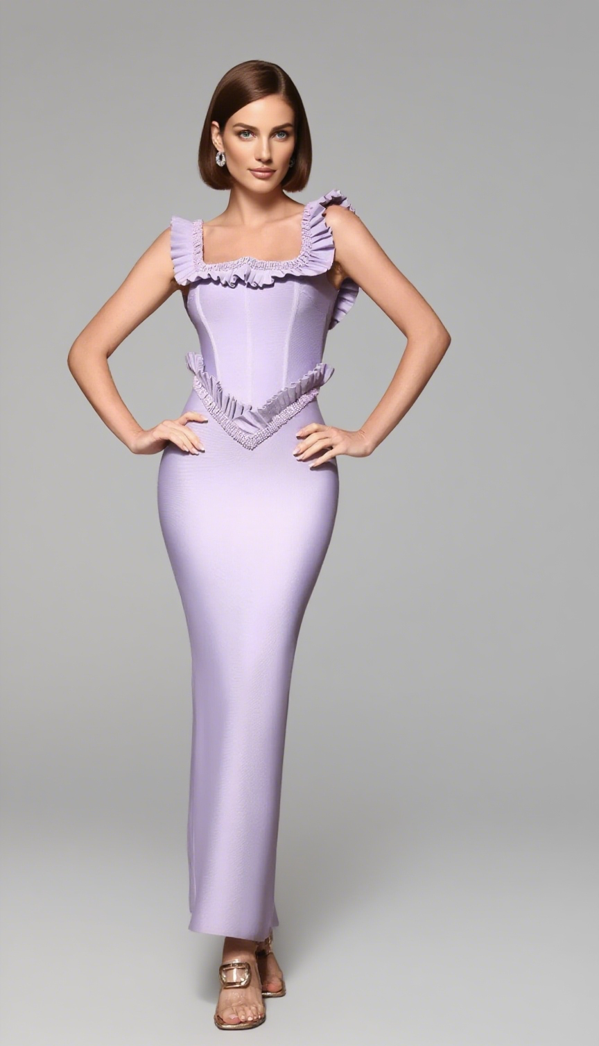 Midikleid mit quadratischem Ausschnitt, Rüschenbesatz und Perlen in Lavendel