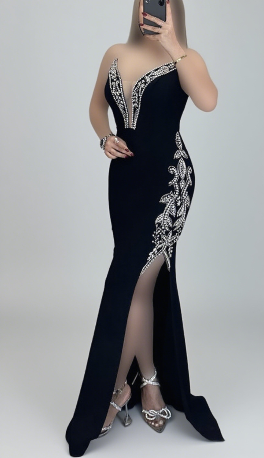 OFF SHOULDER RHINESTONE EMBELLISHED PLUNGE MAXI DRESS IN BLACK