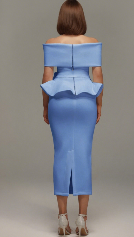 ABITO MIDI BLU CON SPALLE SCOPERTE E BORDI A VOLANT ELEANORE