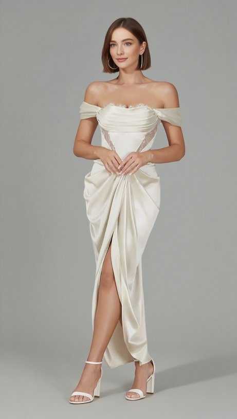 Schulterfreies Midikleid aus Satin mit Schleife und gerüschten Trägern in Elfenbein