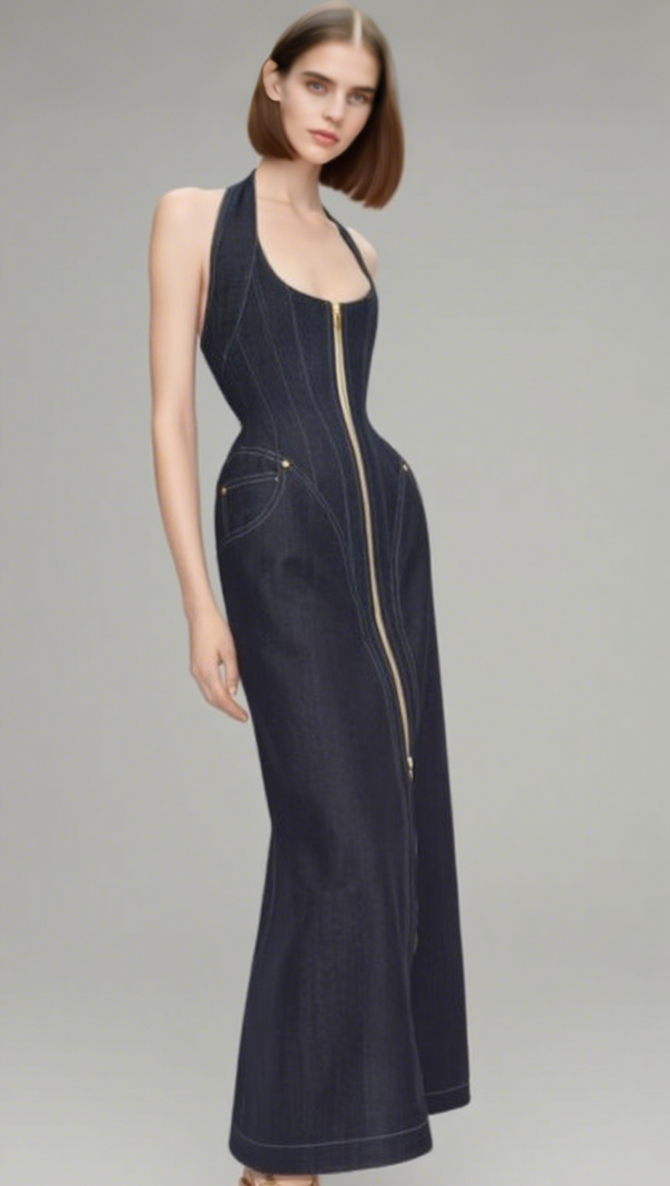 AIIZIE HALTERED CORSETED MIDI DRESS DENIM IN NAVY BLUE - product image