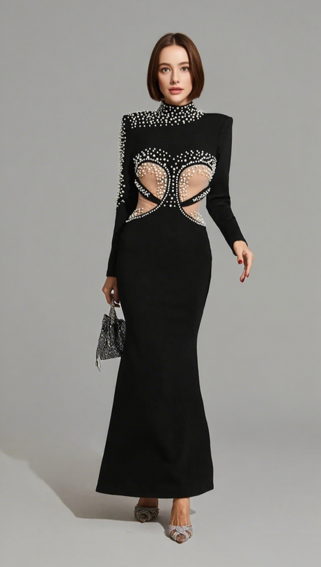 PEARL - EMBELLISHED CUTOUT MERMAID GOWN IN BLACK