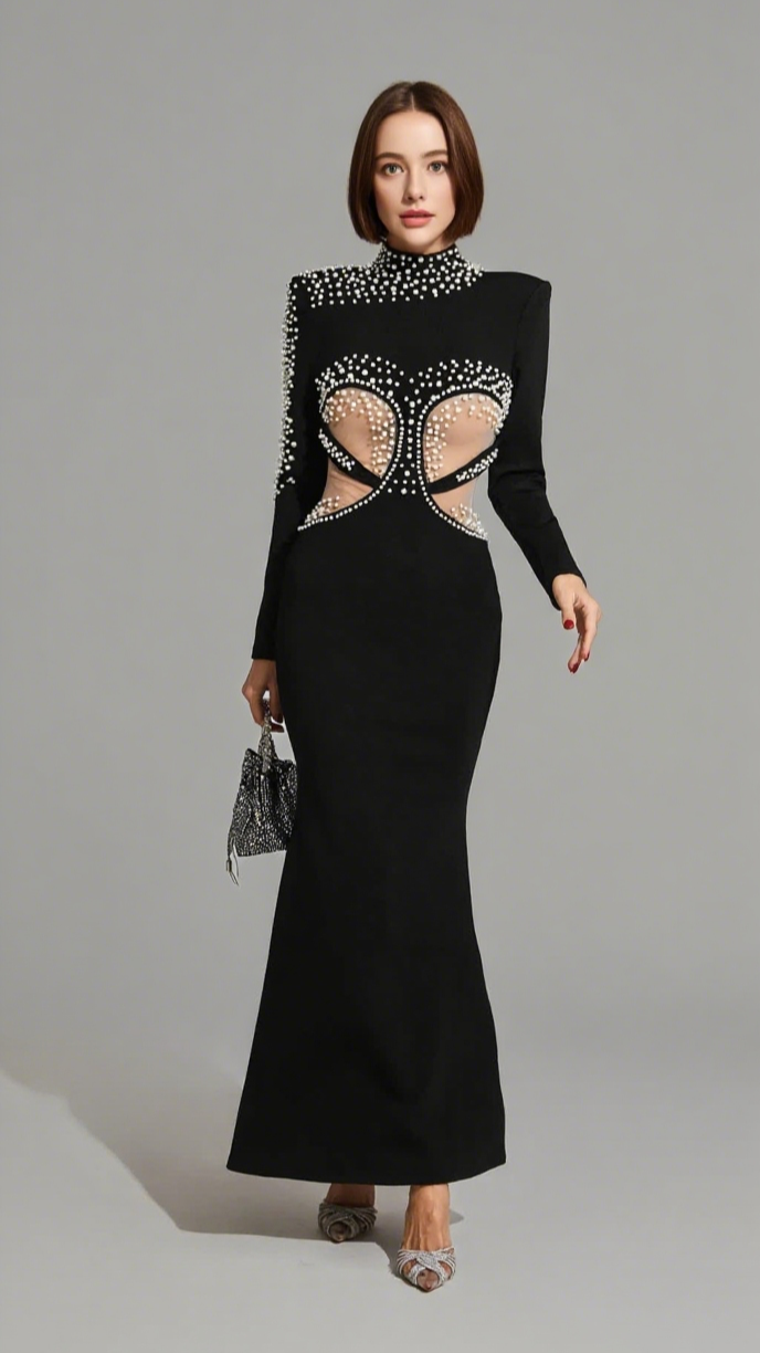PEARL - EMBELLISHED CUTOUT MERMAID GOWN IN BLACK