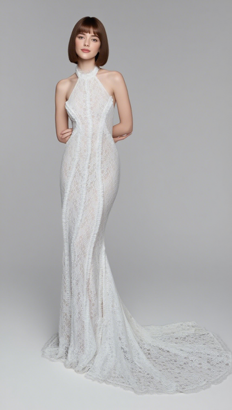 LACE HALTER NECK MERMAID MAXI DRESS IN WHITE