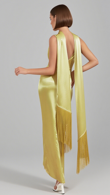 HALTER NECK FRINGED WRAP MIDI DRESS IN GOLD