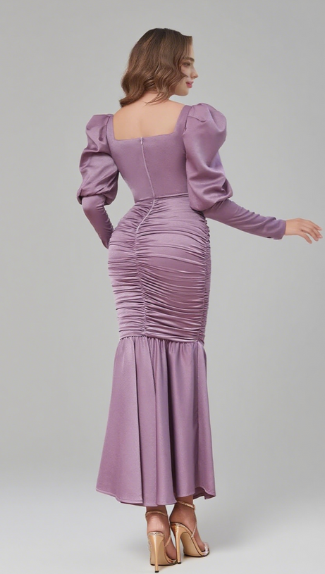 PUFF - SLEEVE RUCHED MERMAID MAXI DRESS IN LILAC
