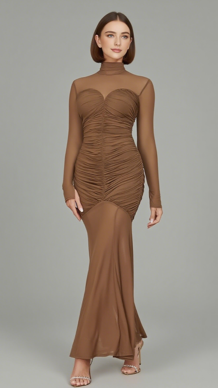 MESH - SLEEVE RUCHED HIGH - NECK MAXI DRESS IN BROWN