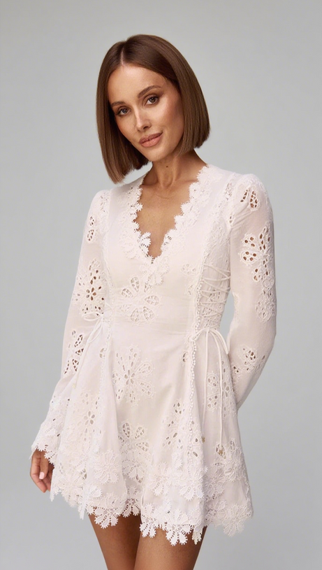 FLOWER EMBROIDERY HOLLOW MINI DRESS IN WHITE