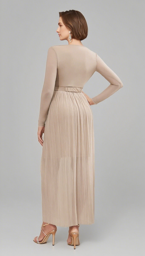PLEATED V - NECK BELTED MESH - SLEEVE MAXI DRESS IN BEIGE