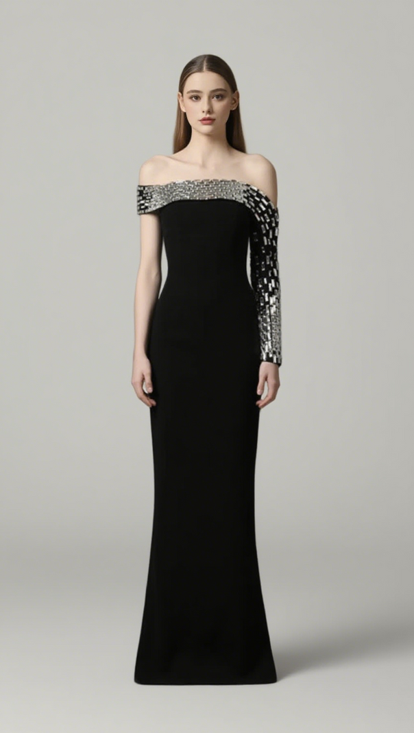AIIZIE OFF SHOULDER SILVER EMBELLISHED ONE SLEEVE IN BLACK - product image