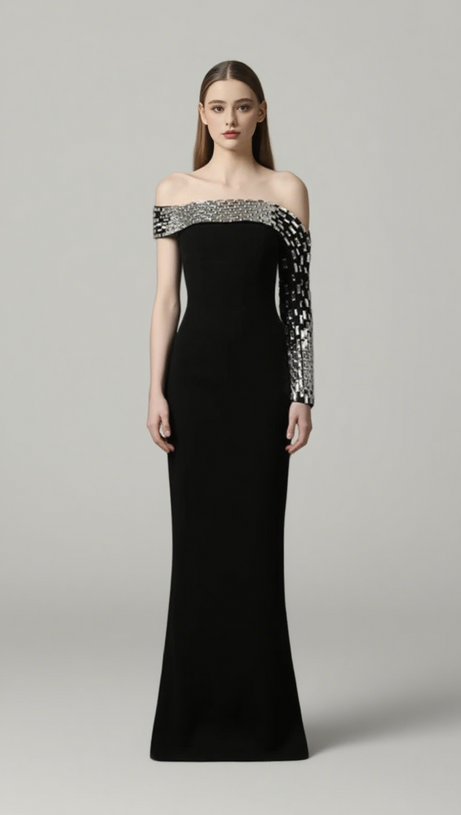 OFF SHOULDER SILVER EMBELLISHED ONE SLEEVE IN BLACK