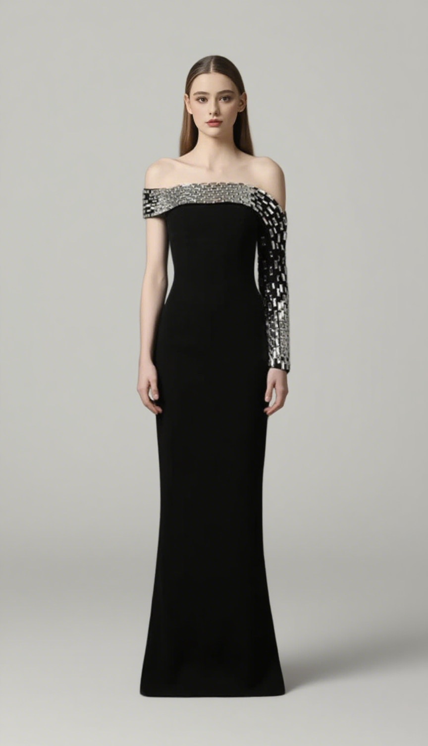 OFF SHOULDER SILVER EMBELLISHED ONE SLEEVE IN BLACK