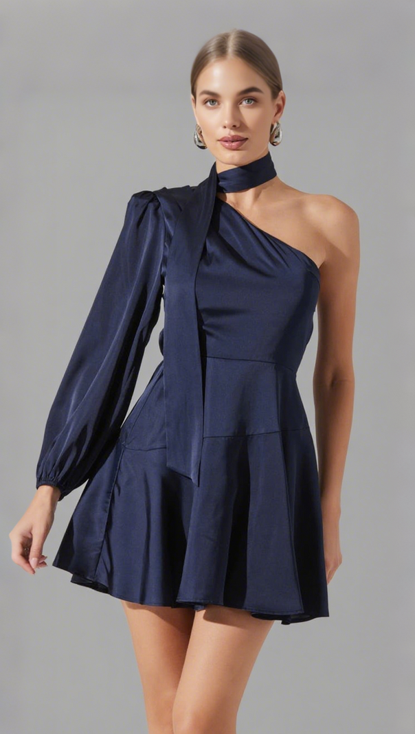 AIIZIE DEEP BLUE SATIN SCARF MINI SKATER DRESS - product image