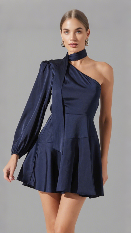 DEEP BLUE SATIN SCARF MINI SKATER DRESS