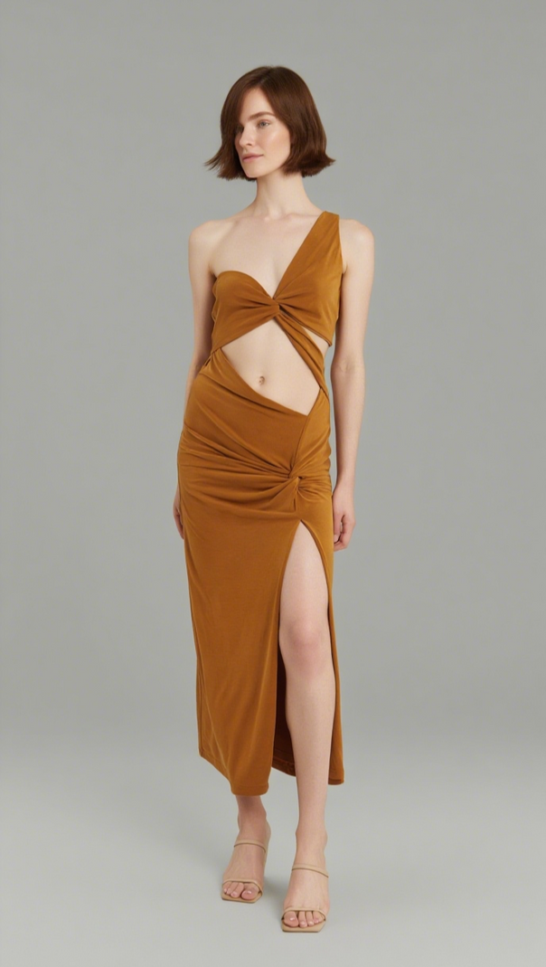 AIIZIE TURN AROUND TWIST OUT MIDI | CAMEL - product image