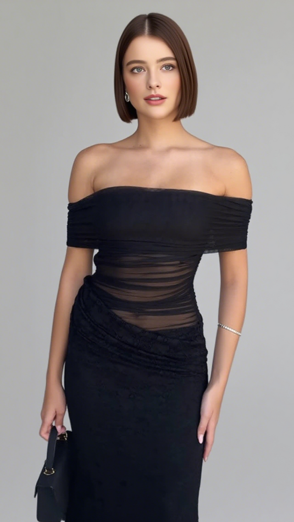 AIIZIE OFF SHOULDER RUCHED LACE MIDI DRESS IN BLACK - product image
