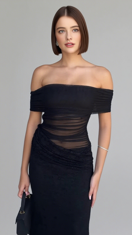 Schulterfreies Midikleid aus gerüschter Spitze in Schwarz