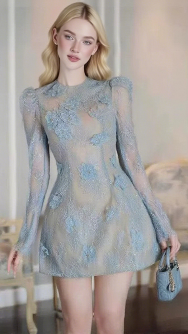 AIIZIE AMY LACE MINI DRESS IN BLUE - product image