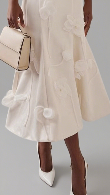 3D FLORAL APPLIQUE SLEEVELESS MIDI DRESS IN WHITE