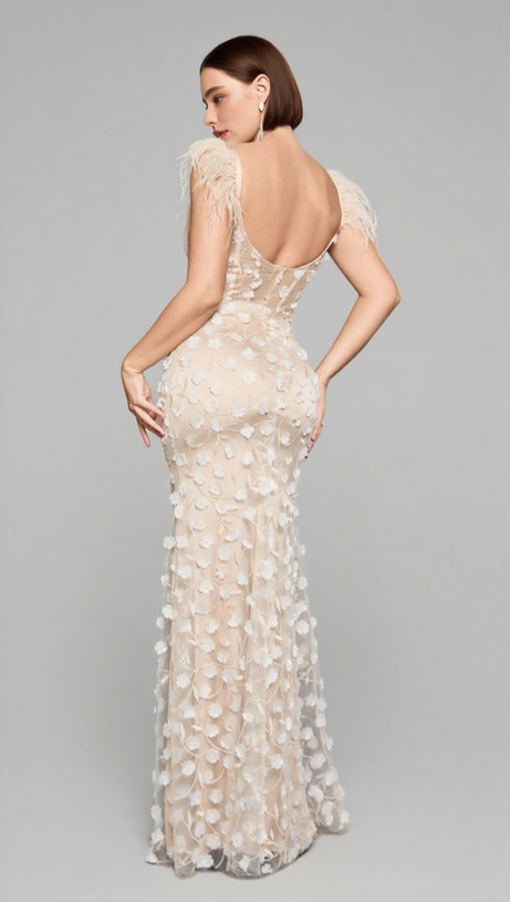 FEATHER - STRAP FLORAL - EMBROIDERED MERMAID GOWN IN IVORY