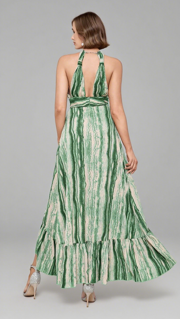 AIIZIE STRIPED HALTER NECK RUFFLE - HEM MAXI DRESS IN GREEN - product image