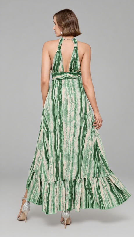 STRIPED HALTER NECK RUFFLE - HEM MAXI DRESS IN GREEN