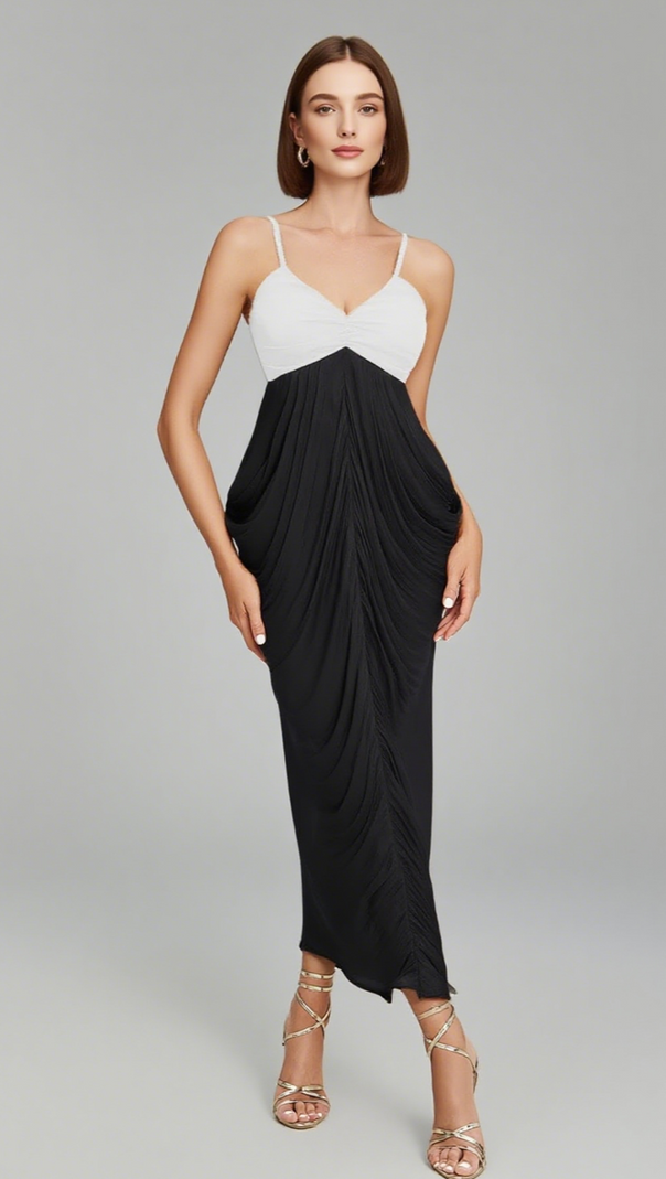AIIZIE RUCHED CHIFFON MIDI DRESS IN BLACK AND WHITE - product image