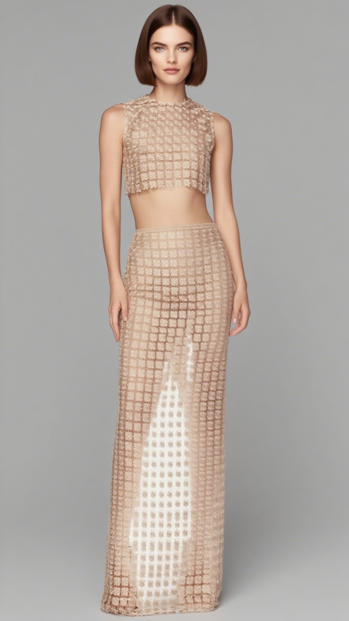 APRICOT SHEER PLAID FISHTAIL MAXI SKIRT TWO PIECE OF SET