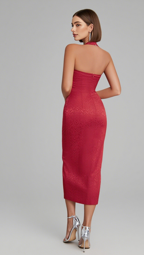 AIIZIE HALTER NECK LACE - UP BROCADE MIDI DRESS IN RED - product image