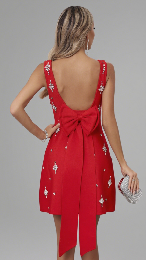 AIIZIE SQUARE NECK RHINESTONE EMBELLISHED MINI DRESS IN RED - product image