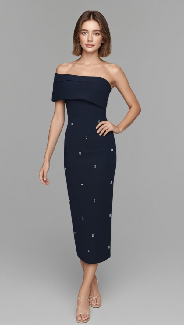 AIIZIE OFF SHOULDER RHINESTONE EMBELLISHED MIDI DRESS IN BLACK - product image