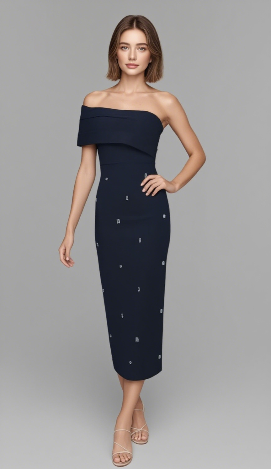 ABITO MIDI NERO CON SPALLE SCOPERTE E STRASS